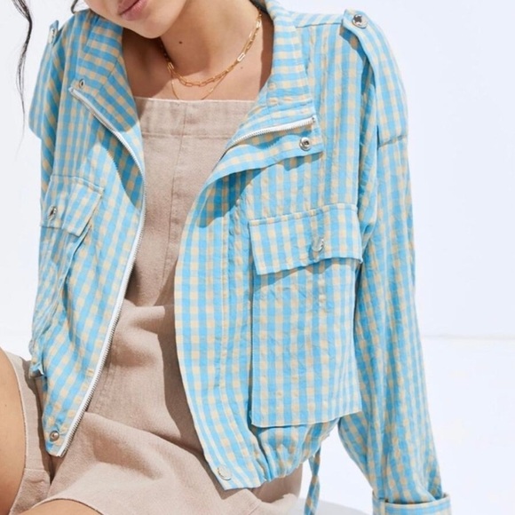 Anthropologie Find Me Now Blue Gingham Women Lightweight Crop Jacket Checkered - Picture 2 of 8